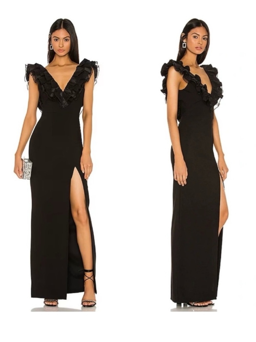 REVOLVE x LIKELY Kelayan Crepe Gown, Structured Ruffles Slit Black, NWT, Size 8